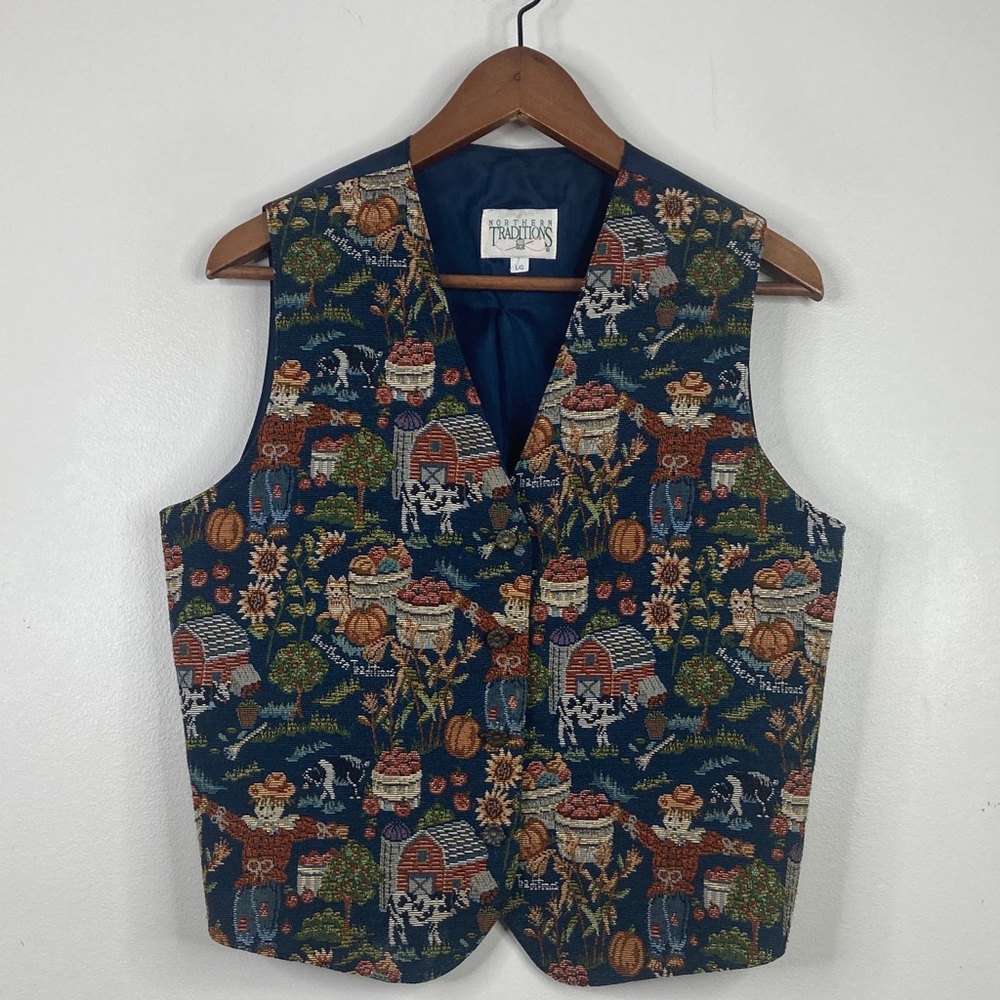 Vintage Tapestry Vest Womens Large Blue Brown 90s Mom Farmhouse Barn Homestead